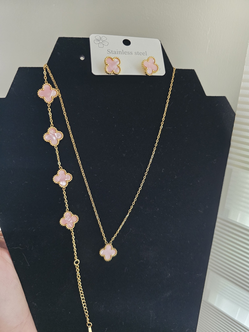 Stainless Steel Gold-Tone Pink Cloisonné Flower Necklace & Earrings Set